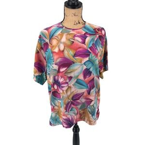 Liz Claiborne Short Sleeve Blouse Womens 12 Multicolor Silk Tropical Leaf Vtg
